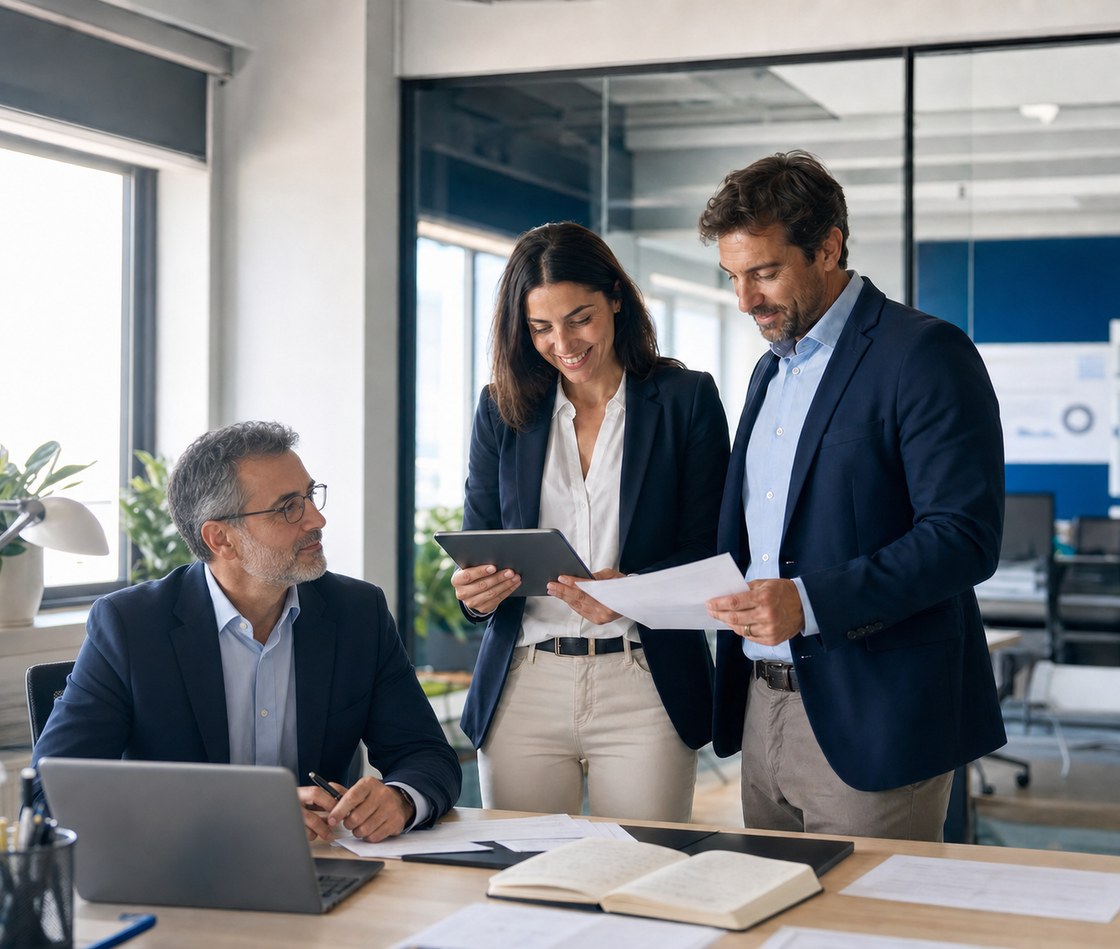 Equipo de NEXOLVIA asesorando a empresas en una oficina moderna